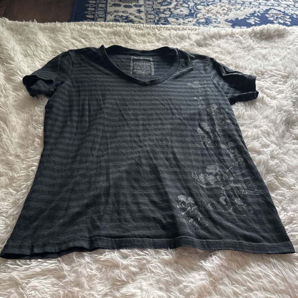 DISNEY STORE L Black Gray‎ Striped MICKEY MOUSE T-Shirt KNIT TOP V Neck